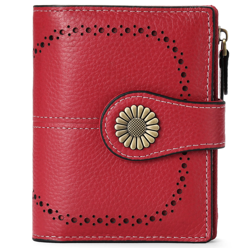 Red (Wrestling) Women's Short Leather Wallet - European Style Waxed Leather Coin Purse with Zipper Card Holder in Red