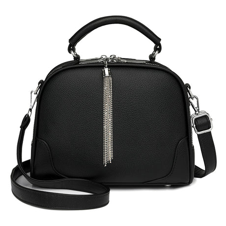 Black Chic Mini Round Crossbody Bag for Women - Elegant Handbag with Tassel Accent