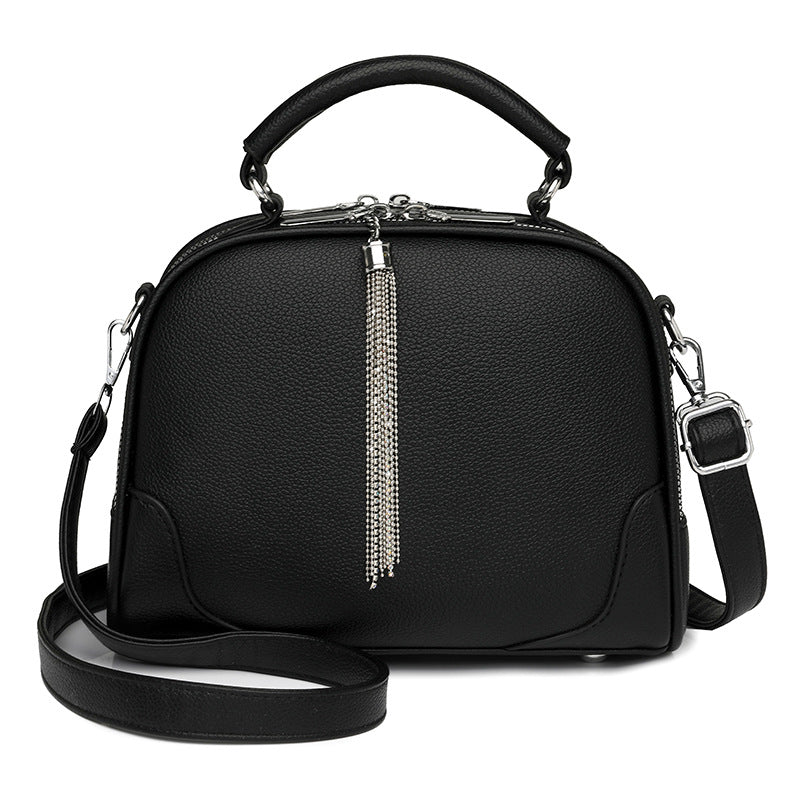 Black Chic Mini Round Crossbody Bag for Women - Elegant Handbag with Tassel Accent