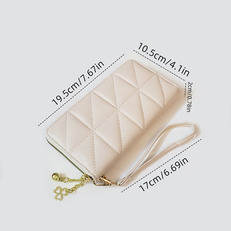 Beige-Triangle Women's Classic Quilted Long Wallet - Premium Diamond Stitch Zip Around Card Holder with Multiple Compartments