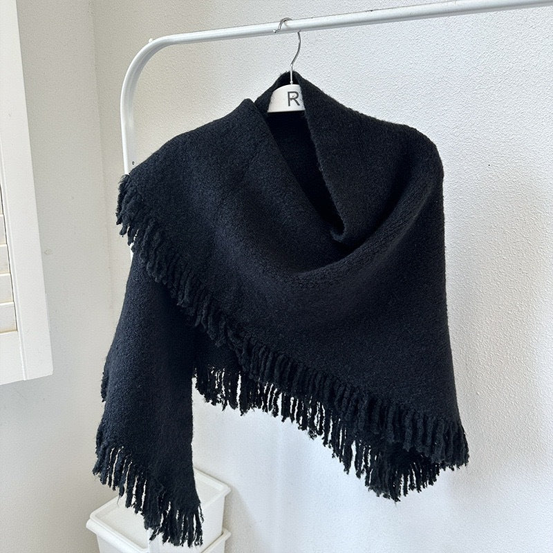 Black Elegant Knit Scarf Shawl with Tassels - Versatile Warm Wrap (65cm x 175cm)