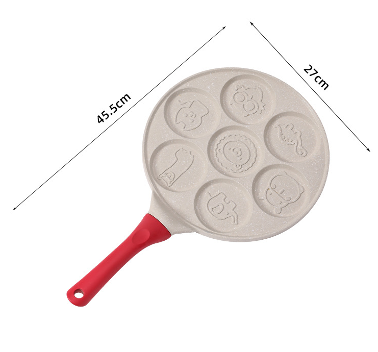 Beige Cartoon + Wood Grain Handle (Gas Model) Non-Stick Pancake Pan - 7-Hole Fun Shapes Breakfast Griddle (27cm)