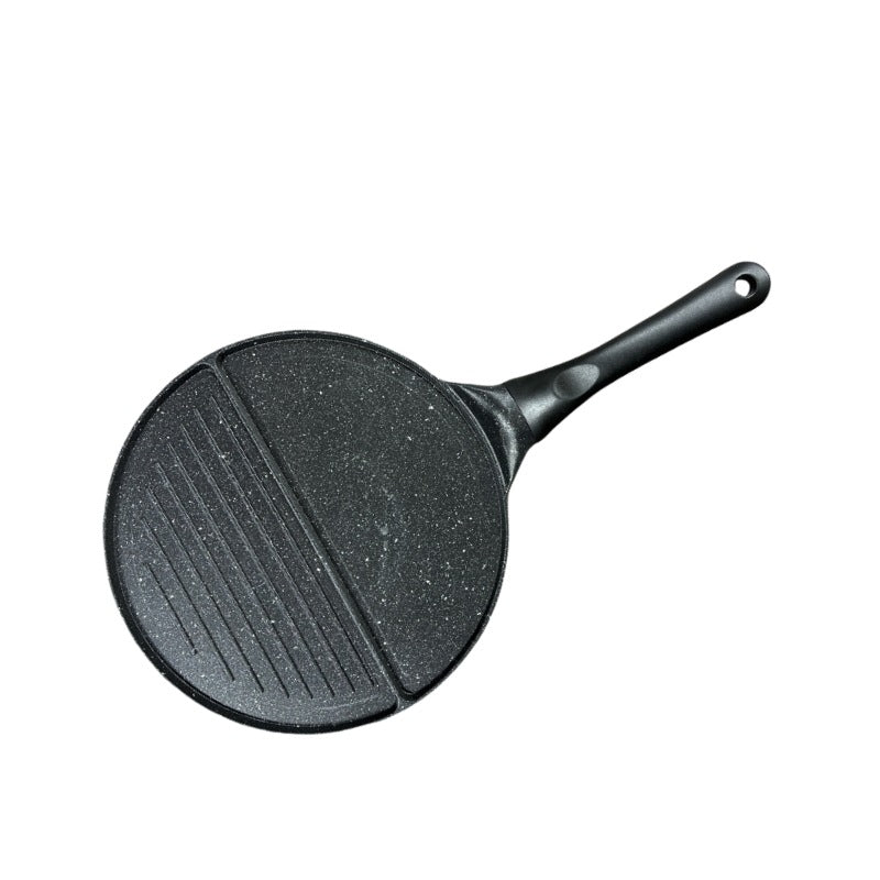 Black Double Compartment + Black Handle Non-Stick Pancake Pan - 7-Hole Fun Shapes Breakfast Griddle (27cm)