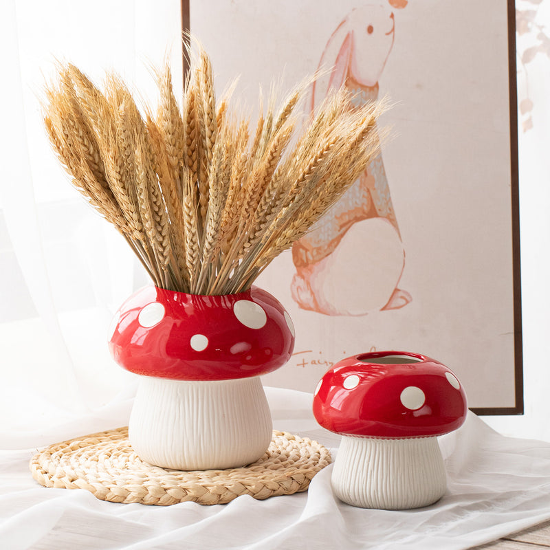 Big Size Red Whimsical Ceramic Mushroom Vase - Decorative Floral & Hydroponic Planter