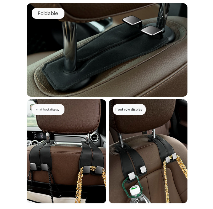 Beige Heavy Duty Car Headrest Hooks (Set of 4 Units) - PU Leather Seat Back Organizer Hangers