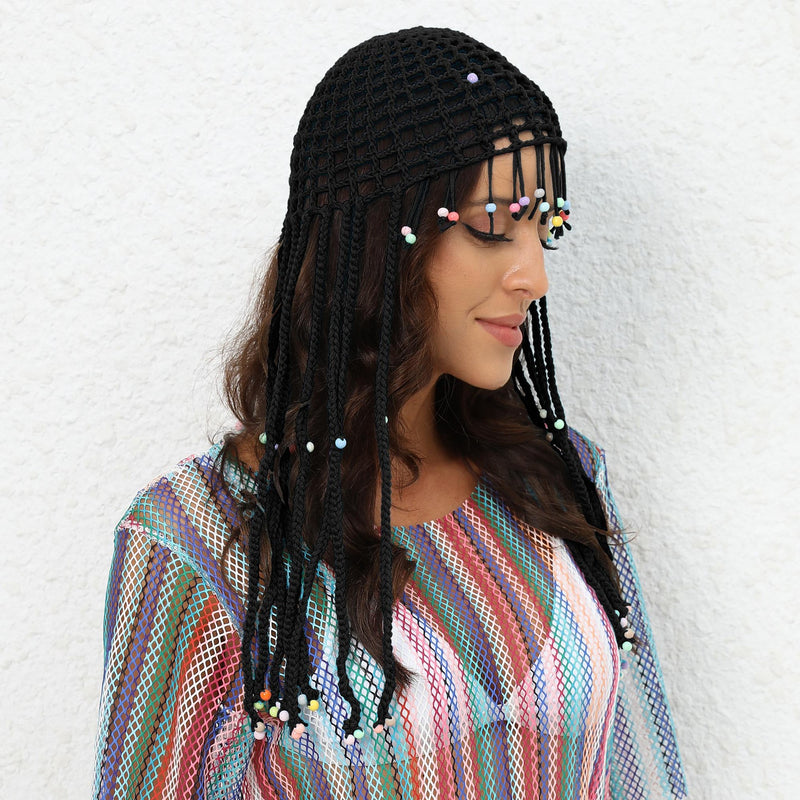 Black Boho Hand-Crocheted Tassel Sun Hat - Lightweight Breathable Beach Cap (Fits 55-60cm)
