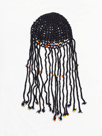 Black Boho Hand-Crocheted Tassel Sun Hat - Lightweight Breathable Beach Cap (Fits 55-60cm)