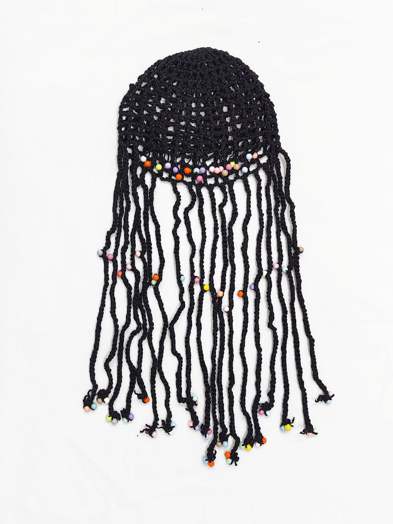 Black Boho Hand-Crocheted Tassel Sun Hat - Lightweight Breathable Beach Cap (Fits 55-60cm)