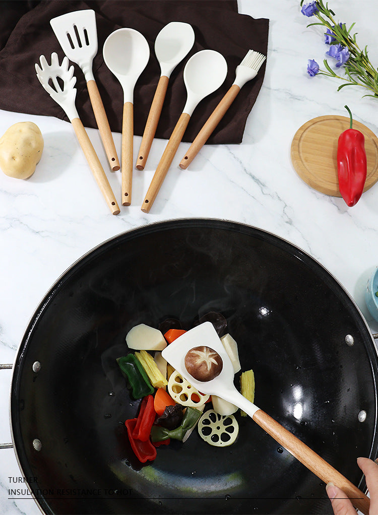 Black 11-Piece Silicone Kitchen Utensil Set with Wooden Handles and Storage Bucket - Heat Resistant and Non-Stick