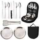 6-Piece Portable Stainless Steel Cutlery Set with Plate and Bag - Silver, Great for Camping and Travel (Steak Knife)