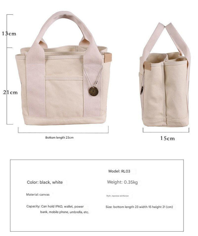 White with black Canvas Lunch Tote Bag - Stylish Handbag with Multiple Compartments for Women