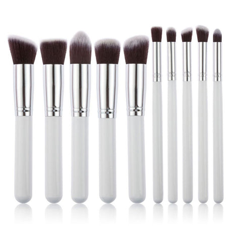 10-Piece White silver Makeup Brush Set - Large and Small Brushes for Professional Beauty Application