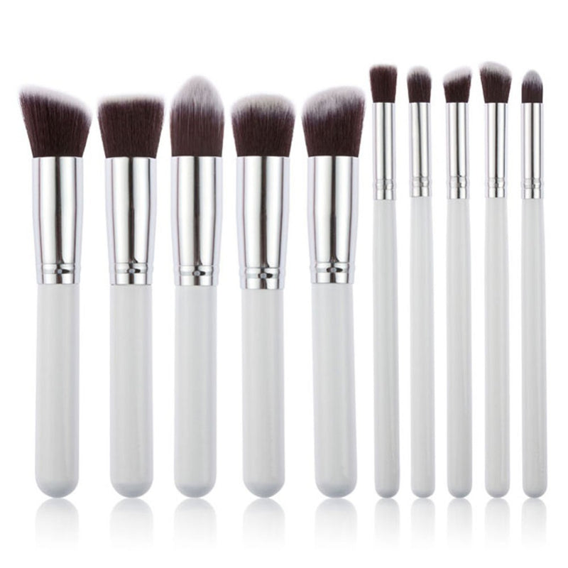 10-Piece White silver Makeup Brush Set - Large and Small Brushes for Professional Beauty Application