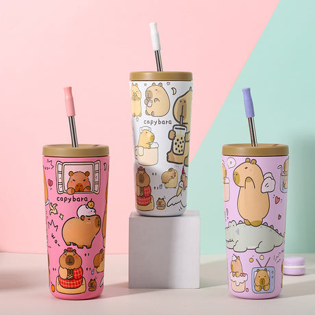 304 Stainless Steel Insulated Tumbler,Cartoon Design Portable Straw Cup for Home and Office(yellow)