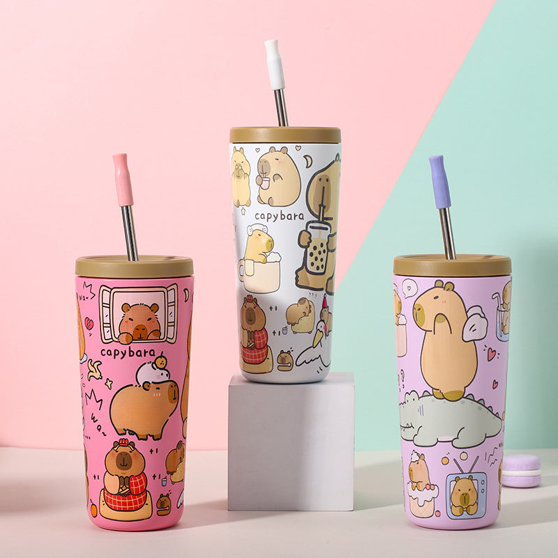 304 Stainless Steel Insulated Tumbler,Cartoon Design Portable Straw Cup for Home and Office(Off-white)