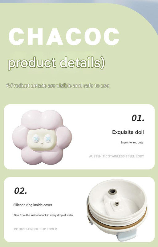 304 Stainless Steel Insulated Tumbler,Large Capacity with Handle and Cute Cloud Accessory(Green)