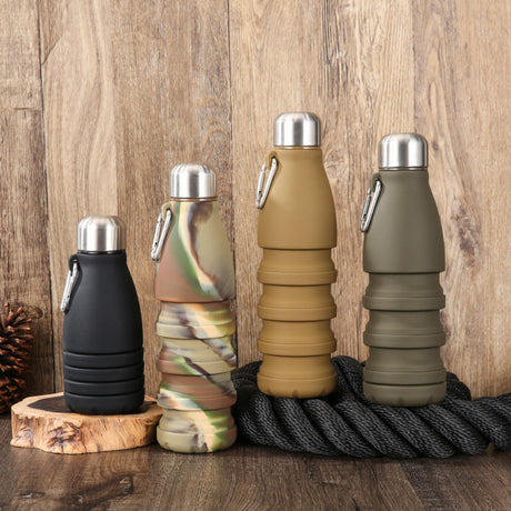 Black Collapsible Silicone Water Bottle - Portable Sports Hydration Flask with Carabiner, 550ml/300ml