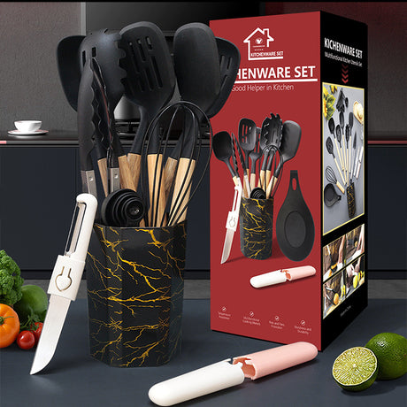 Black 12-Piece Silicone Cooking Utensil Set - Non-Stick Food-Grade Kitchen Tools with Holder