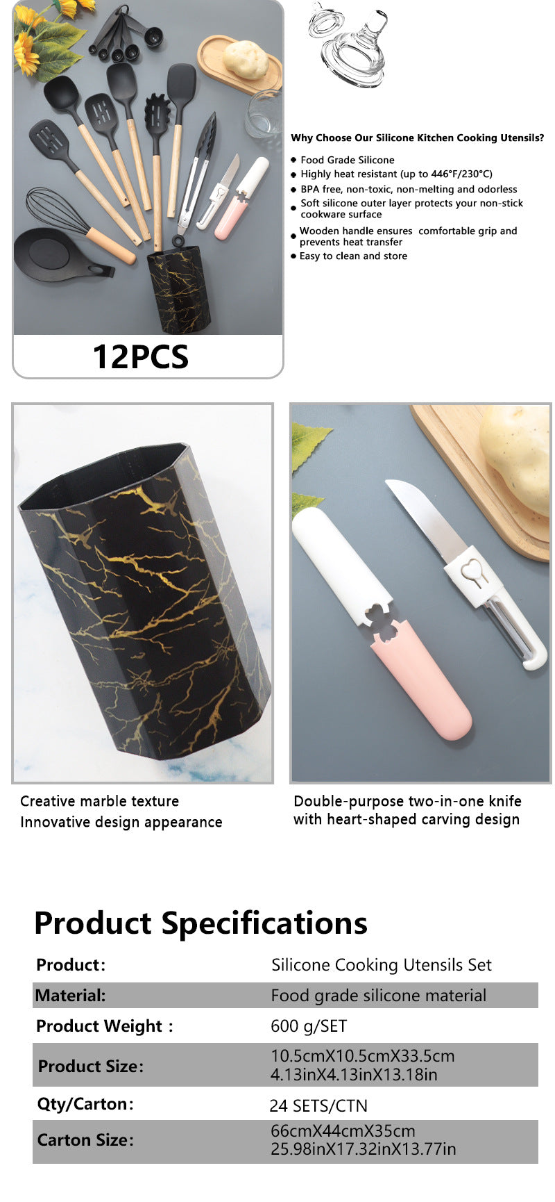 Black 12-Piece Silicone Cooking Utensil Set - Non-Stick Food-Grade Kitchen Tools with Holder