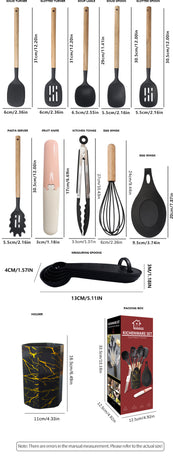 Black 12-Piece Silicone Cooking Utensil Set - Non-Stick Food-Grade Kitchen Tools with Holder