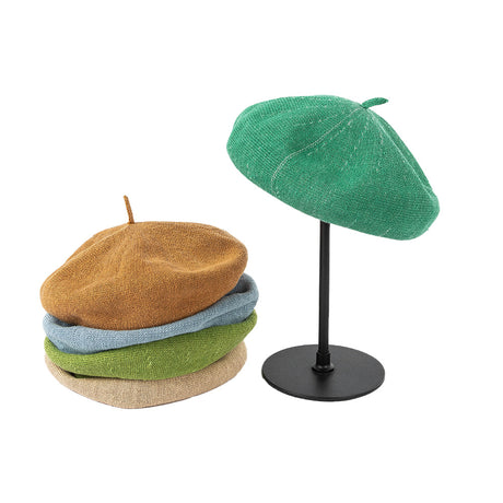 Beige green Linen Knit Beret - Classic Soft and Stylish Headwear