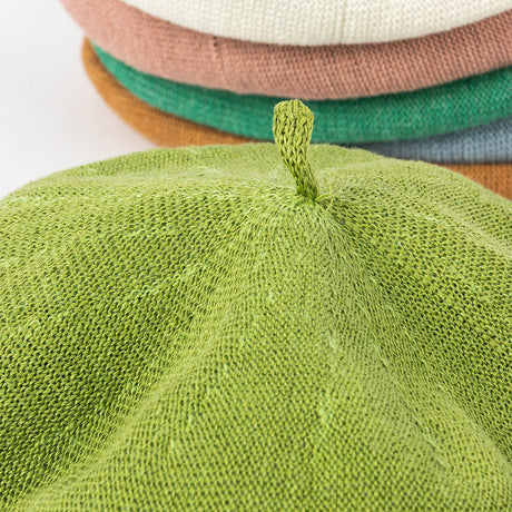 Beige green Linen Knit Beret - Classic Soft and Stylish Headwear
