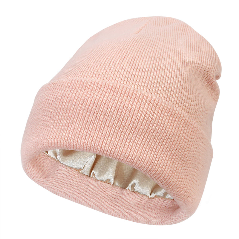 Premium Warm Beanie with Silk Satin Lining(pink)