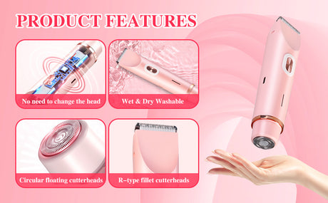 2-in-1 Ladies Electric Shaver & Trimmer - IPX7 Waterproof, USB-C Rechargeable, Dual Head Design(pink)