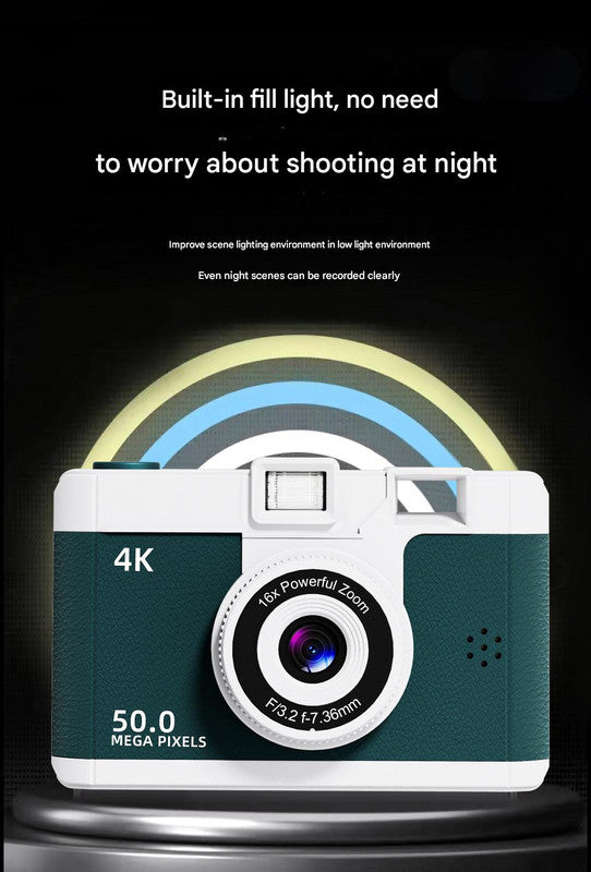 Compact 4K Digital Camera - 50MP, 16x Zoom, 2.4-inch IPS Screen, WiFi & Fill Light - Retro CCD Style(White)