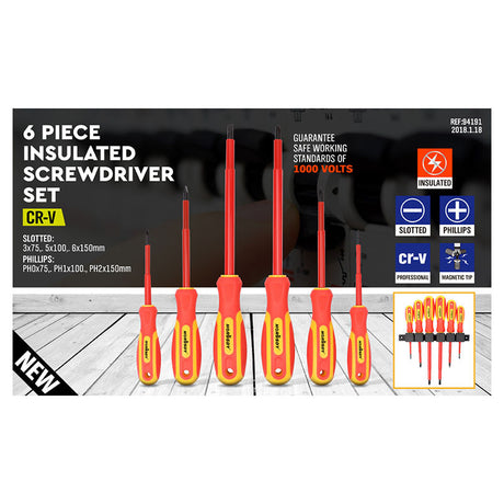 6-Piece Insulated Screwdriver Set - 1000V Rated, CR-V Steel with Magnetic Tips & Wall Rack