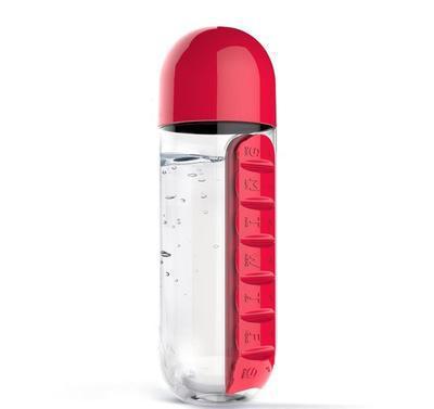2-in-1 Water Bottle with 7-Day Pill Organizer - 600ml BPA-Free, Portable & Leakproof(Red)