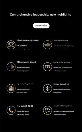 Open-Ear Conduction TWS Earbuds - Bluetooth 5.4, 9D Surround Sound, LED Display, Long Battery Life(black)