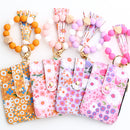 Floral Slim Card Holder Wallet with Beaded Keychain Bracelet & Tassel - 4 Card Slots, ID Window(Light pink)