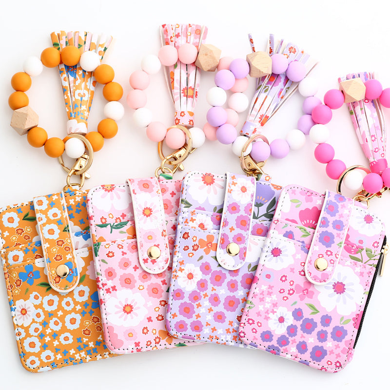 Floral Slim Card Holder Wallet with Beaded Keychain Bracelet & Tassel - 4 Card Slots, ID Window(Light pink)