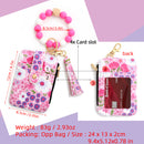 Floral Slim Card Holder Wallet with Beaded Keychain Bracelet & Tassel - 4 Card Slots, ID Window(Light pink)