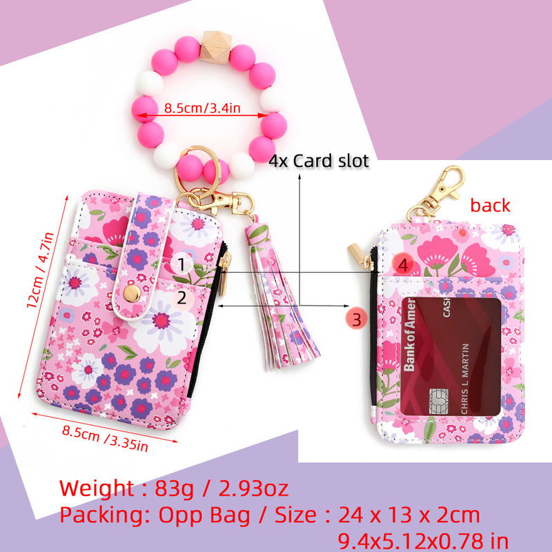 Floral Slim Card Holder Wallet with Beaded Keychain Bracelet & Tassel - 4 Card Slots, ID Window(Rose red)
