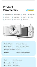 Student HD Digital Camera - 44MP, 8x Zoom, Autofocus, Dual Lens, Type-C Charging (white)