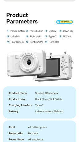Student HD Digital Camera - 44MP, 8x Zoom, Autofocus, Dual Lens, Type-C Charging (Pink)