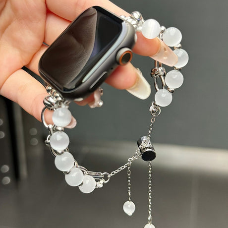 2-pcs Silver Elegant Cat's Eye Beaded Bracelet Band for Apple Watch - Women's Luxury Strap (Compatible Size :42/44/45MM )