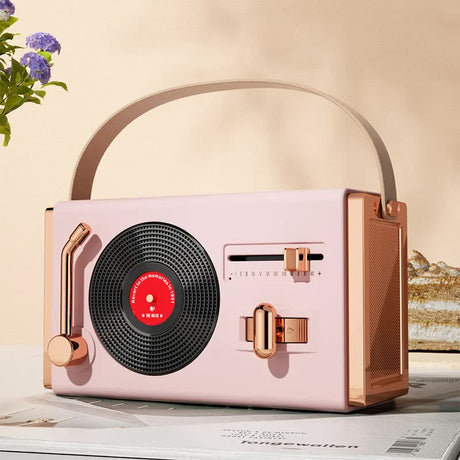 Pink Retro Record Player Style Bluetooth Speaker - Portable Wireless Turntable Design Audio