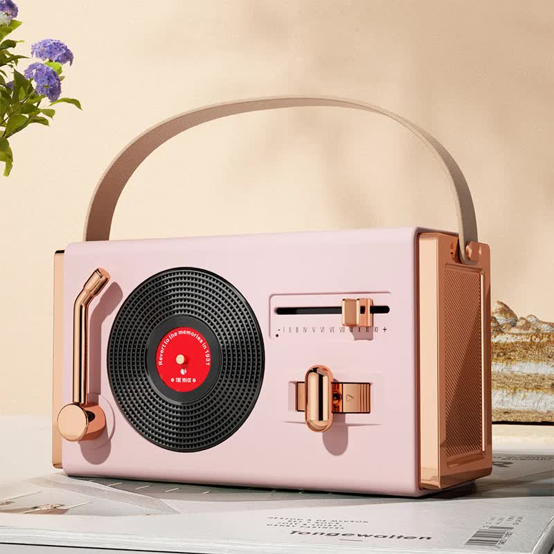 Pink Retro Record Player Style Bluetooth Speaker - Portable Wireless Turntable Design Audio
