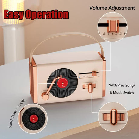 Blue Retro Record Player Style Bluetooth Speaker - Portable Wireless Turntable Design Audio