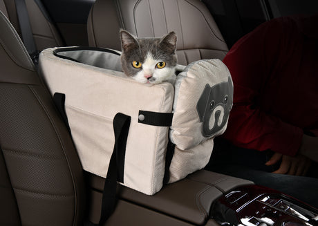 Beige Pet Car Booster Seat for Small Dogs & Cats - Safe Travel Carrier Bed