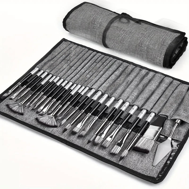 24pc Artist Paint Brush Set with Canvas Roll-Up Case - Nylon Hair Brushes for Acrylic Watercolor Oil Gouache Painting