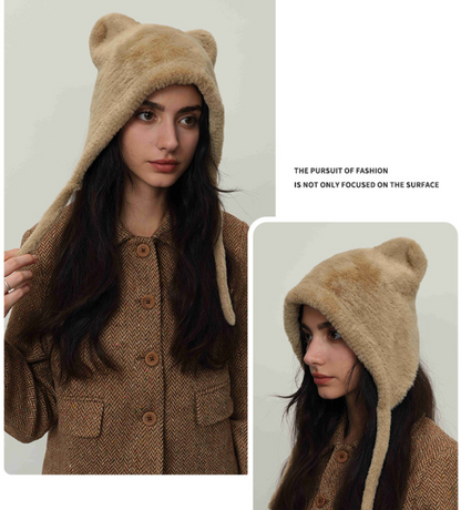 Beige Fluffy Cat Ear Winter Earflap Hat Women Knitted Warm Cold Weather Cap