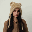 Beige Fluffy Cat Ear Winter Earflap Hat Women Knitted Warm Cold Weather Cap