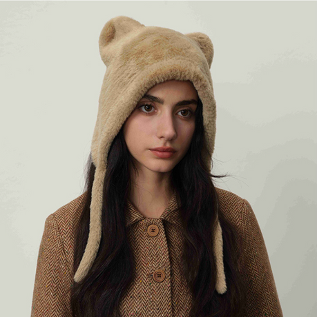 Beige Fluffy Cat Ear Winter Earflap Hat Women Knitted Warm Cold Weather Cap