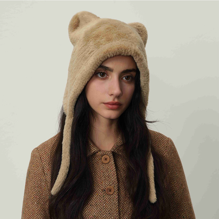Beige Fluffy Cat Ear Winter Earflap Hat Women Knitted Warm Cold Weather Cap