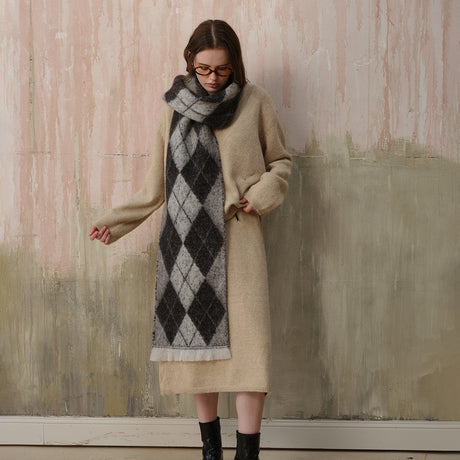 (Black+Grey)Two-Tone Argyle Pattern Scarf - Ladies' Warm Fashion Neckwear, 210x33cm