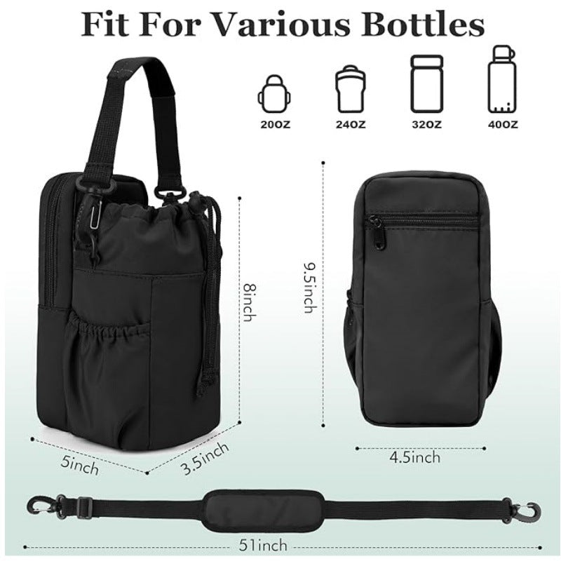 Beige Portable Crossbody Water Bottle Holder with Multiple Pockets - Thermal Cooler Bag